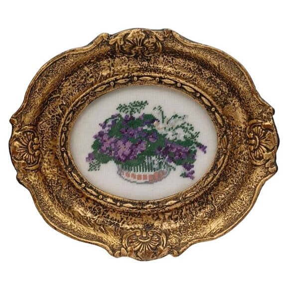 Set 2 Framed Floral Embroidery Wiehler Gobelin Flower Roses Violets In A Basket - Picture 5 of 9